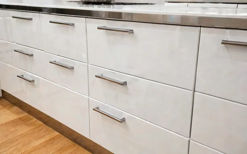 close-up of cabinet door with gloss white finish and T-bar handle