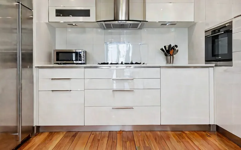 kitchen with white gloss cabinets and T-bar handles
