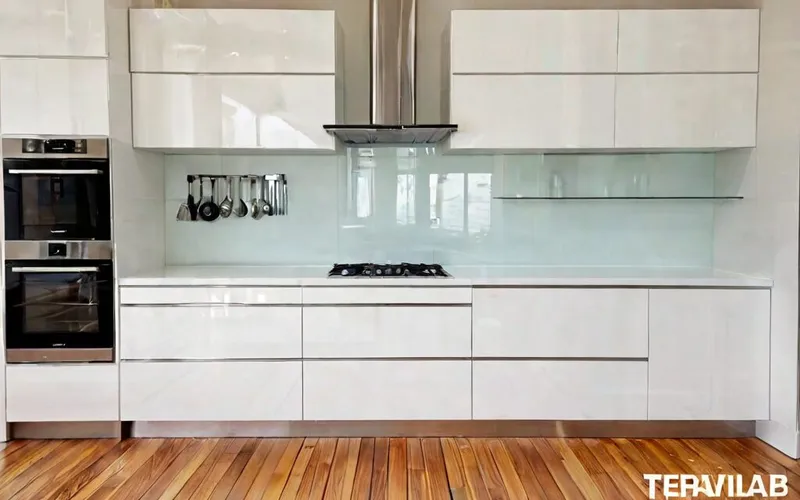 3D kitchen planner screenshot showing white gloss cabinets and T-bar handles