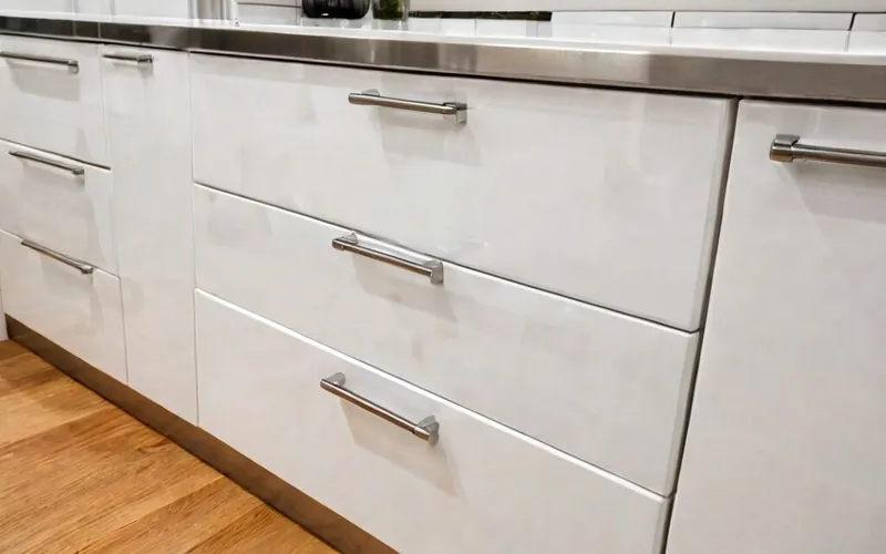 close-up of gloss white cabinet door with T-bar handle and soft-close drawer