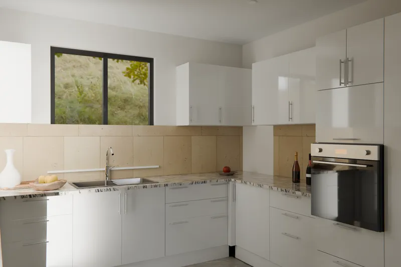 A U-shaped gloss white kitchen with a window over the sink and an oven tower