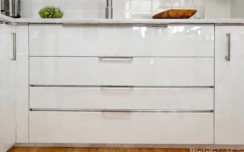 modern kitchen with white gloss cabinets, T-bar handles, and soft-close drawers