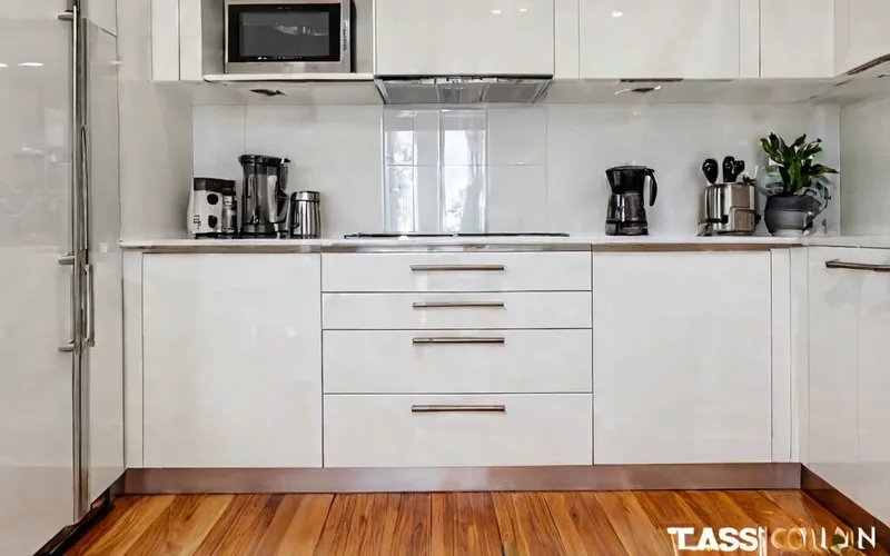 modern kitchen with white gloss cabinets, T-bar handles and soft-close drawers