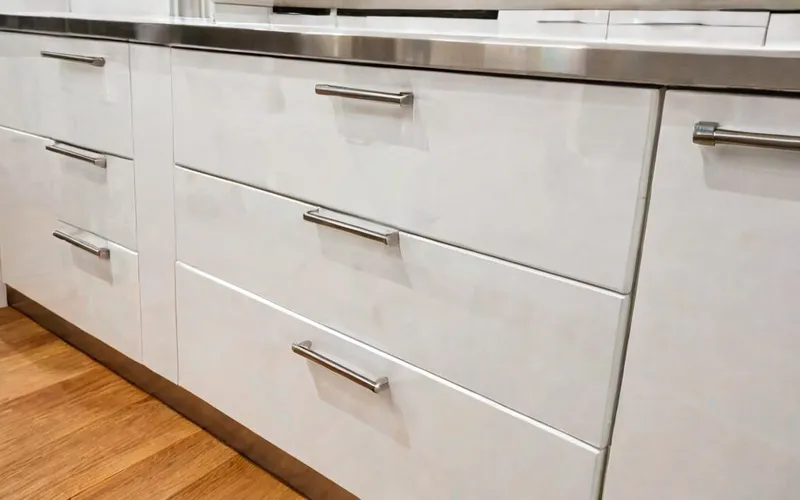 close-up of cabinet with T-bar handle and soft-close drawer