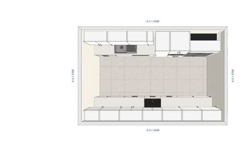Galley kitchen, plan view.