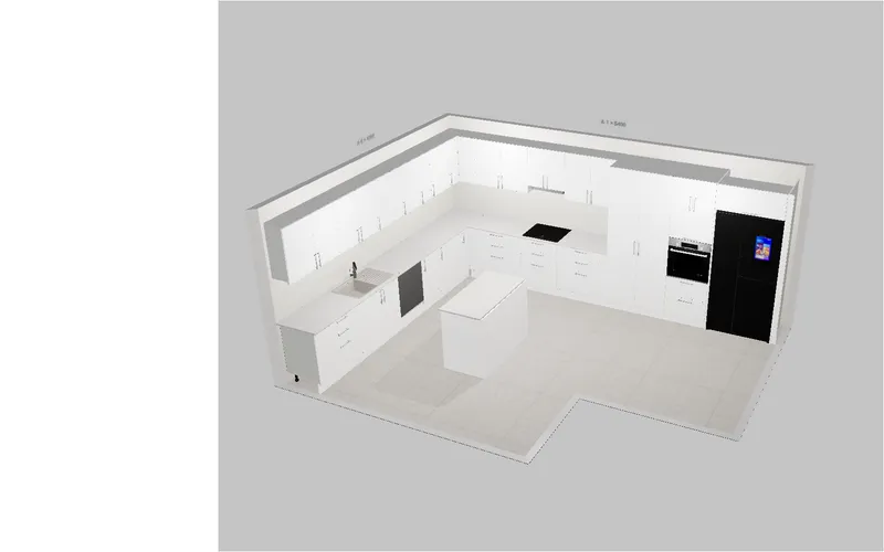 L-shaped kitchen with a single island, perspective view.