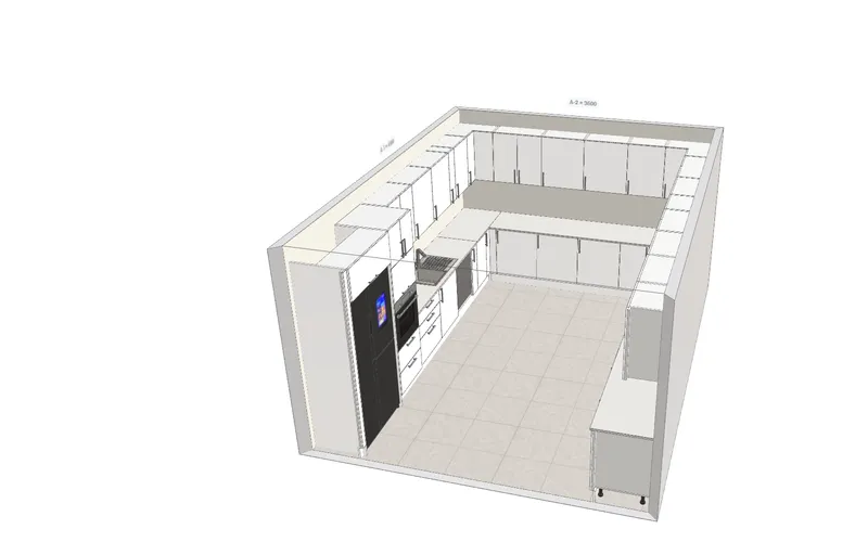 U-shaped kitchen, perspective view.