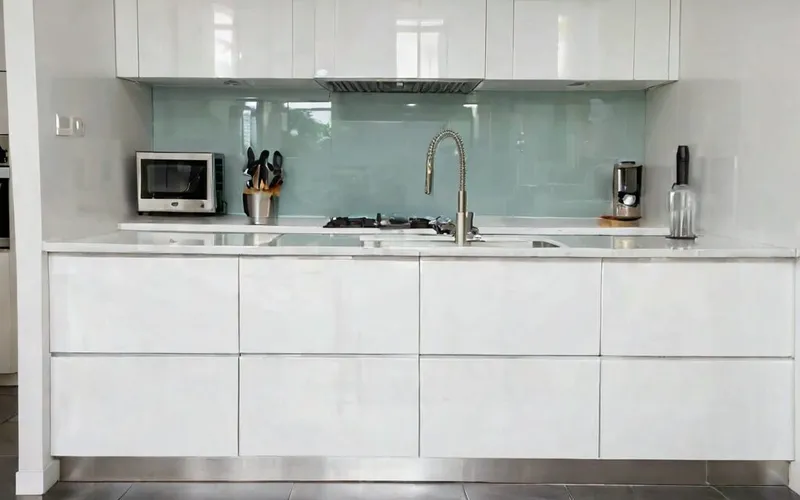 modern galley kitchen with white gloss cabinets and T-bar handles