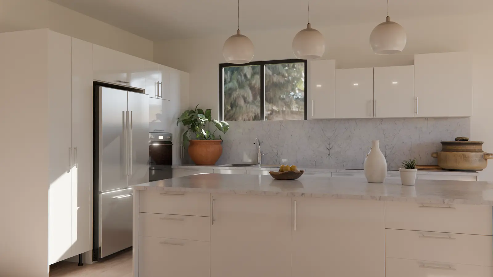 A bright gloss white kitchen with a stone-topped island, three counter stools and pendant lights, morning sun on an oak floor