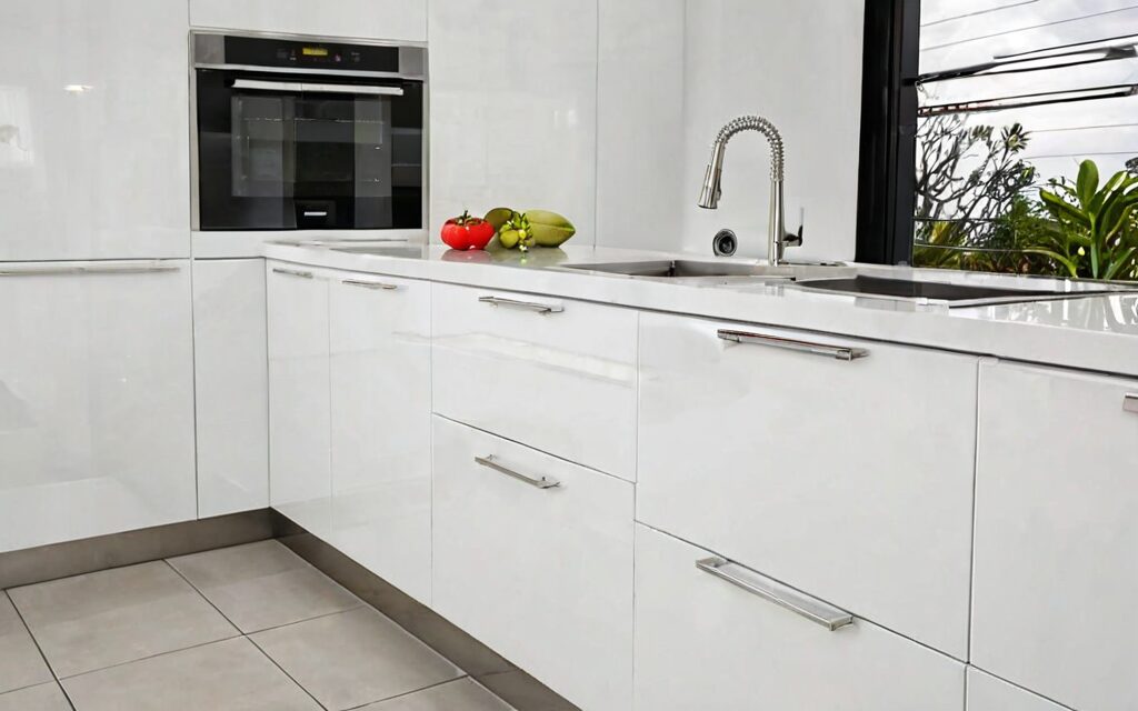 corner kitchen with white gloss cabinets and T-bar handles