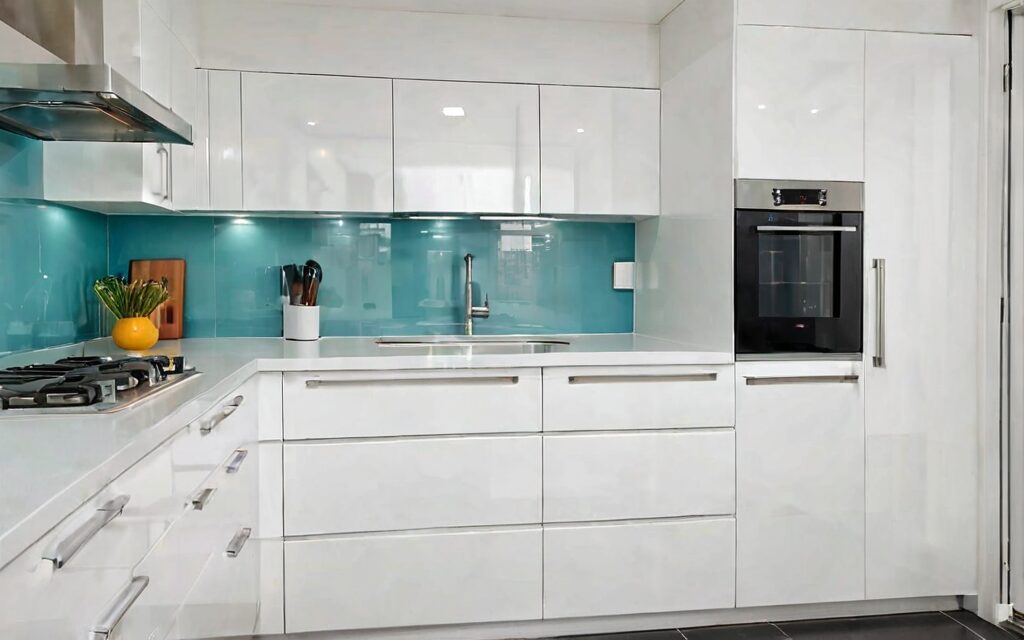 modern galley kitchen with white gloss cabinets and T-bar handles