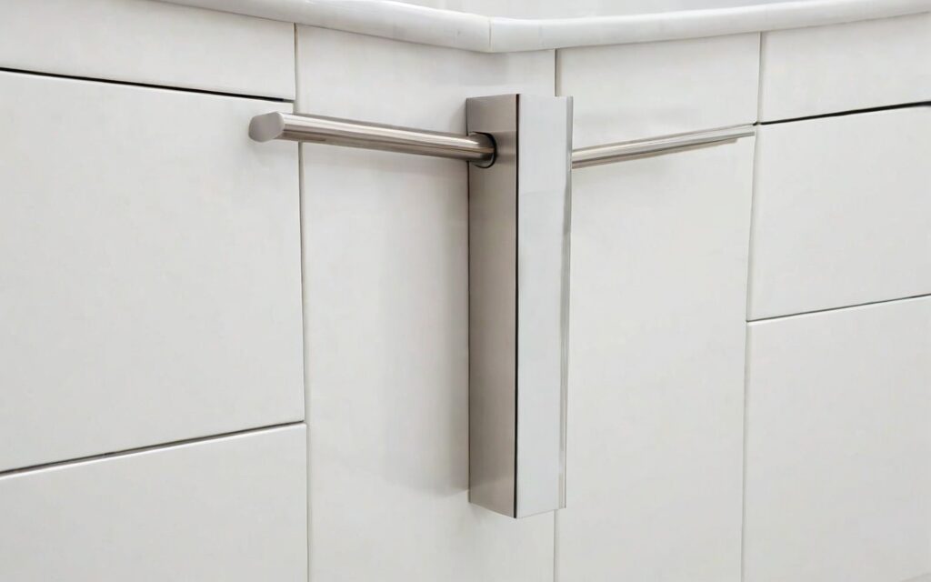 close-up of cabinet door with gloss white finish and T-bar handle