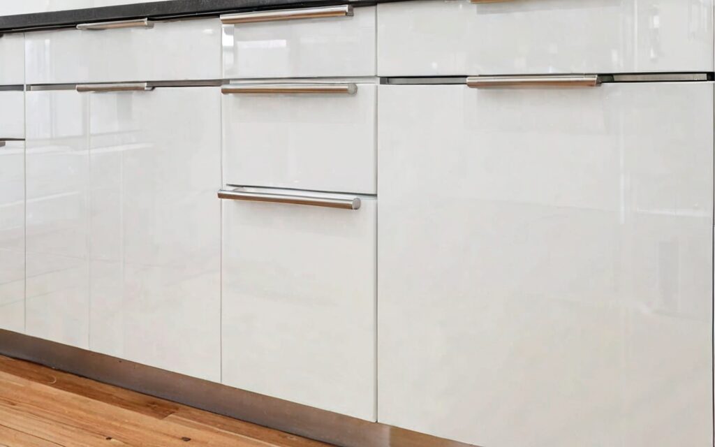 modern kitchen with white gloss cabinets, T-bar handles, and soft-close drawers