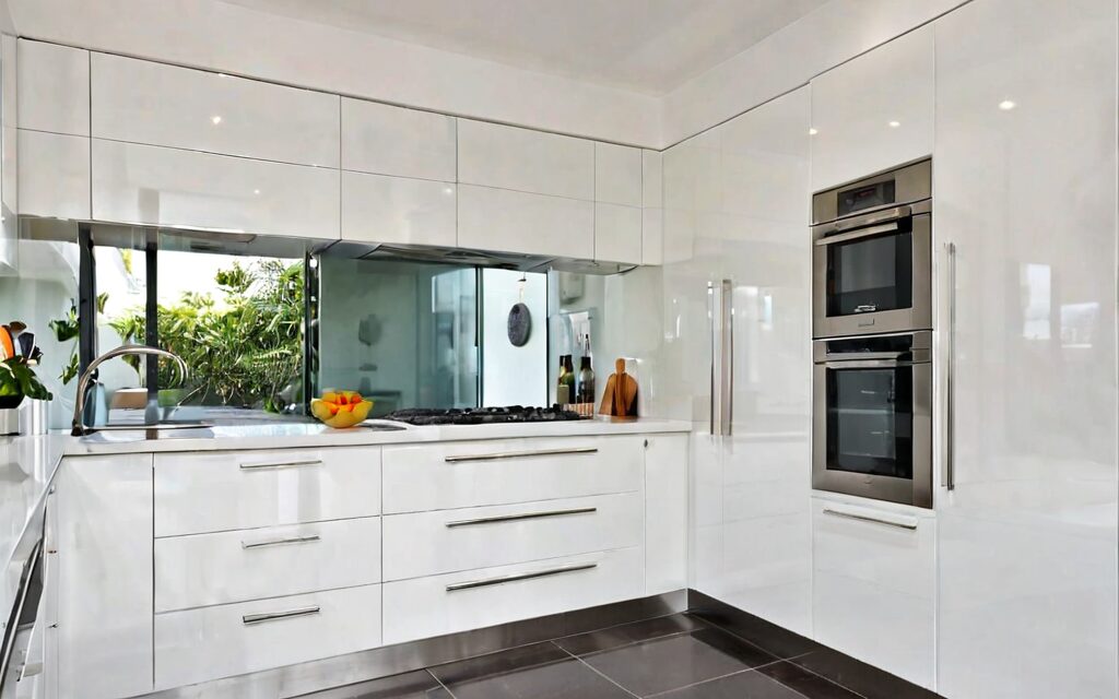 modern galley kitchen with white gloss cabinets and T-bar handles