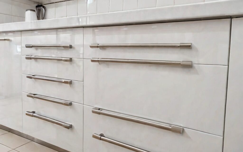 corner base cabinet with soft-close drawers and T-bar handles