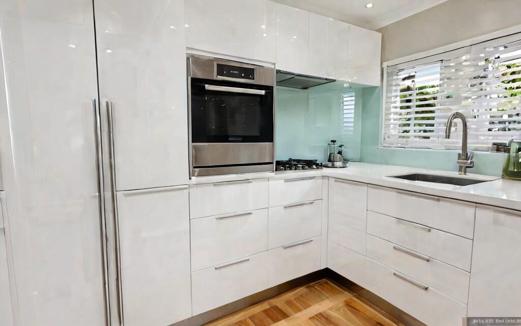 modern galley kitchen with white gloss cabinets and T-bar handles