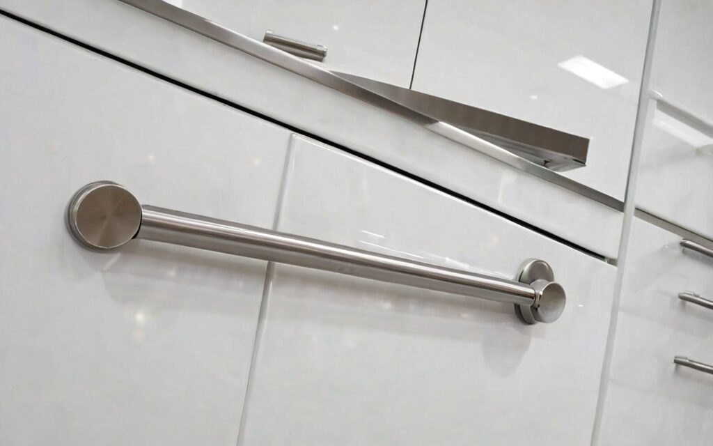 close-up of T-bar handle on gloss white cabinet door