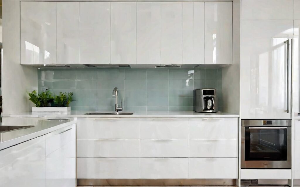 modern laundry cabinet with gloss white doors and T-bar handles