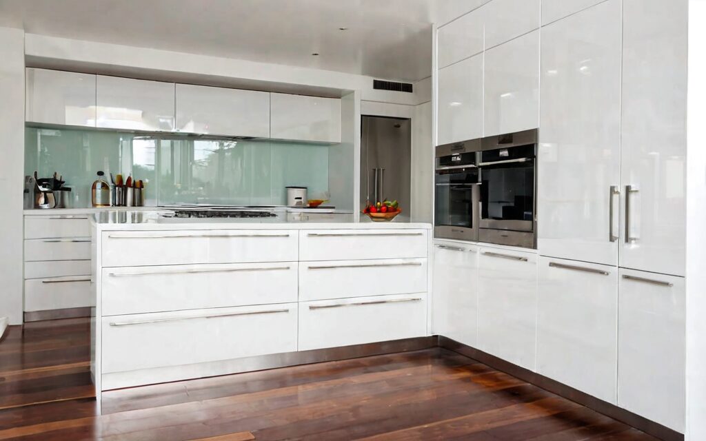 modern galley kitchen with white gloss cabinets and T-bar handles