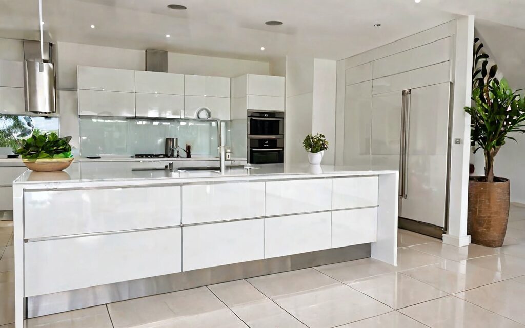 modern kitchen with white gloss cabinets and T-bar handles