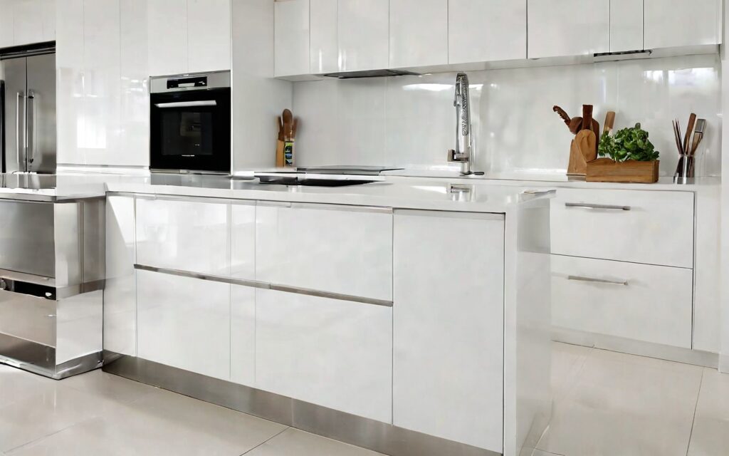 modern galley kitchen with white gloss cabinets and T-bar handles