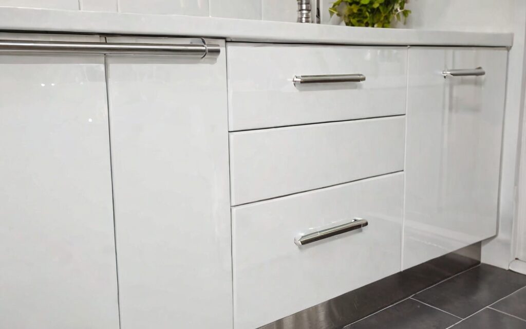 corner base cabinet with soft-close drawers and T-bar handles
