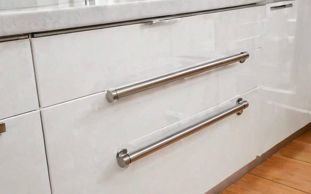 close-up of T-bar handle and soft-close drawer