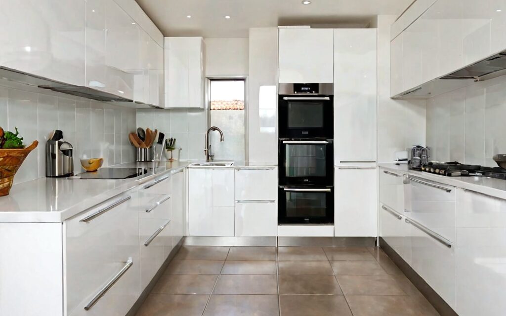 modern galley kitchen with white gloss cabinets and T-bar handles