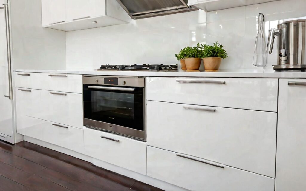 wide kitchen with gloss white cabinets, T-bar handles, and stainless steel fixtures