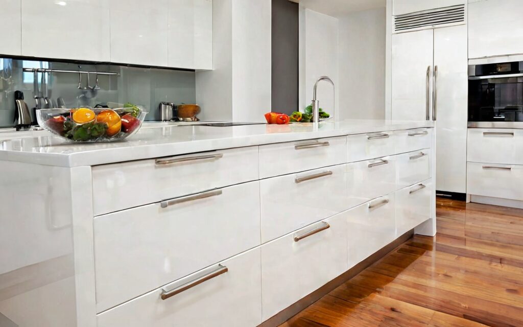 modern kitchen with white gloss cabinets, T-bar handles, and soft-close drawers