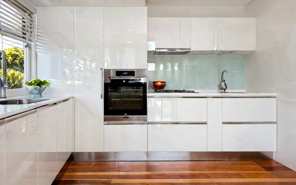 modern galley kitchen with white gloss cabinets and T-bar handles