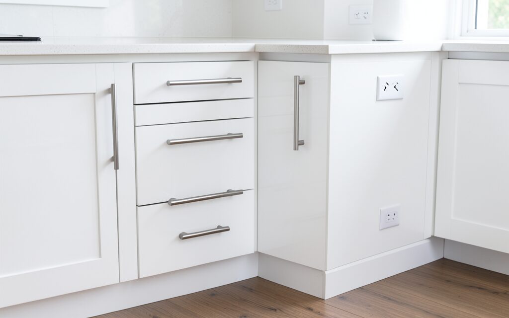 corner base cabinet with soft-close drawers and T-bar handles
