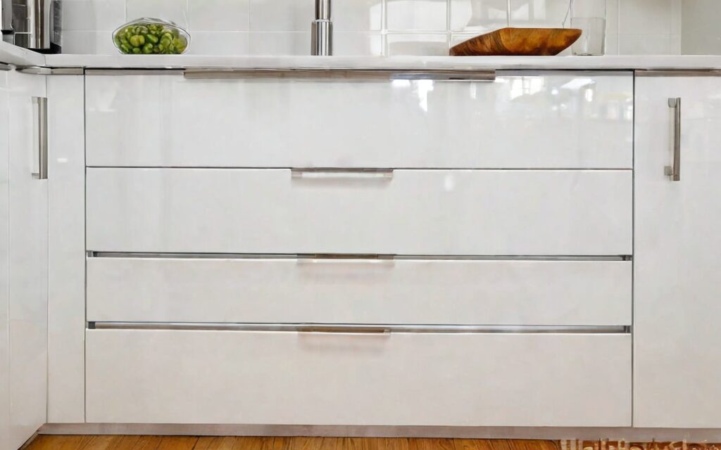 modern kitchen with white gloss cabinets, T-bar handles, and soft-close drawers