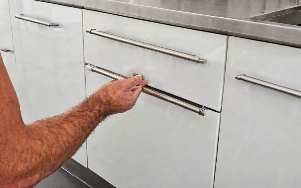 A person installing a drawer into a cabinet, showing the drawer runners and the internal mechanism