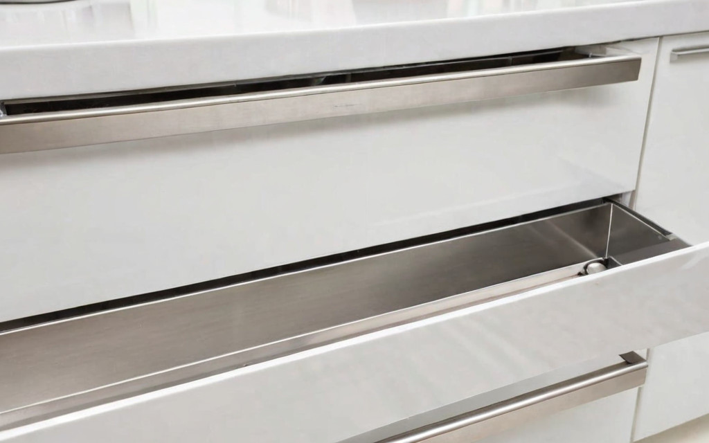 A close-up shot of a soft-close drawer opening smoothly in a gloss white cabinet, showing the internal mechanism