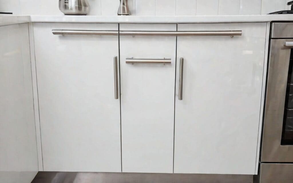 corner base cabinet with soft-close drawers and T-bar handles