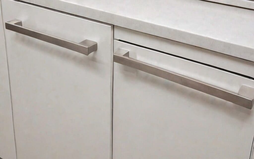 close-up of cabinet with T-bar handle and soft-close drawer
