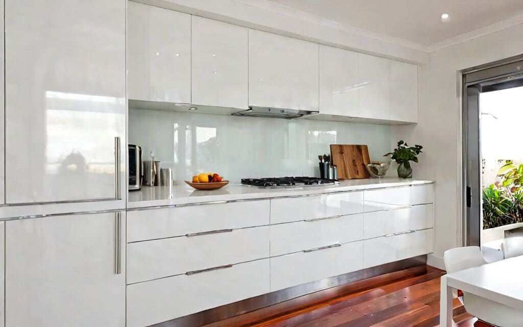 modern galley kitchen with white gloss cabinets and T-bar handles
