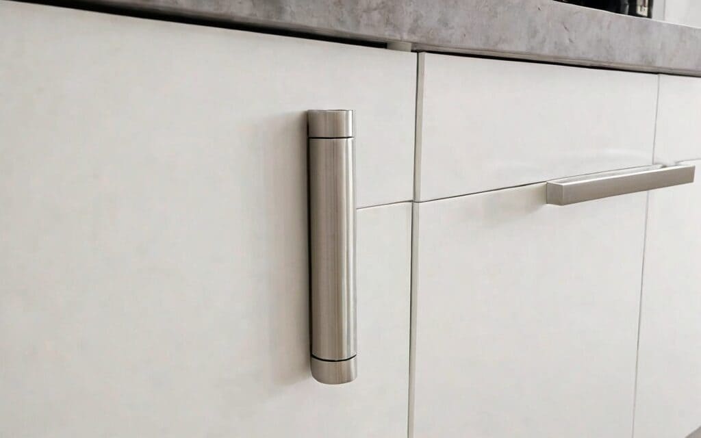 close-up of cabinet with T-bar handle and soft-close drawer