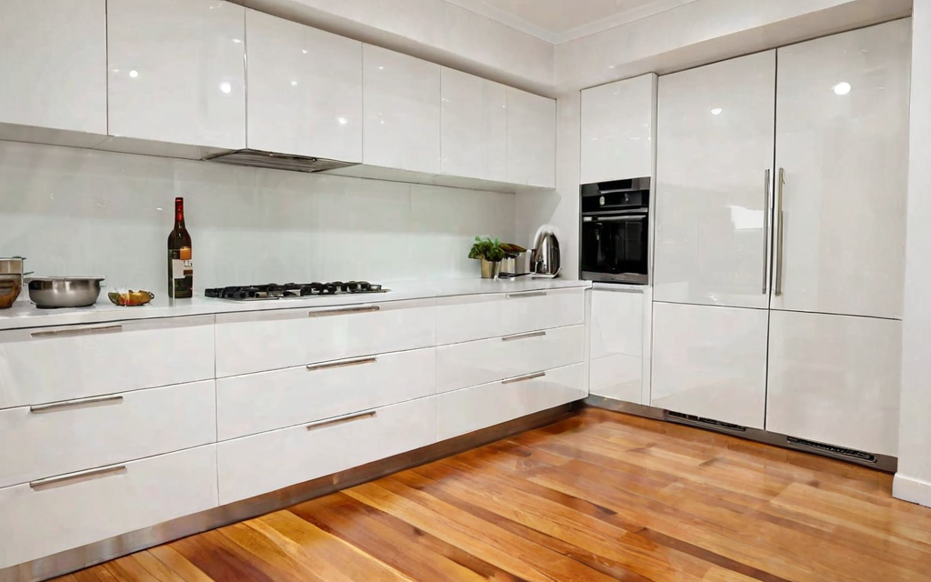 modern galley kitchen with white gloss cabinets and T-bar handles