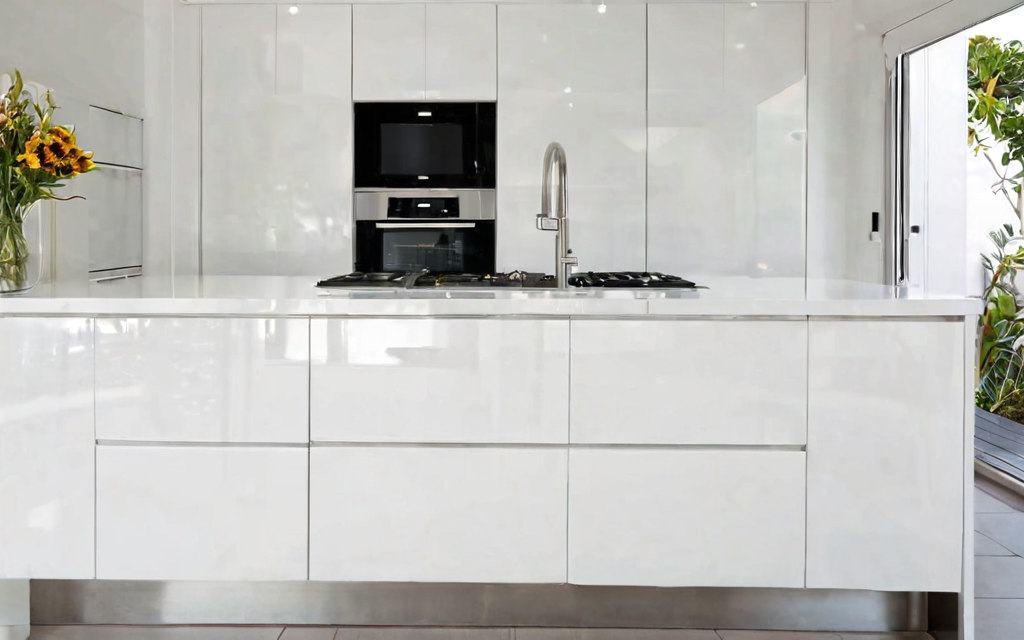 modern kitchen with white gloss cabinets and T-bar handles