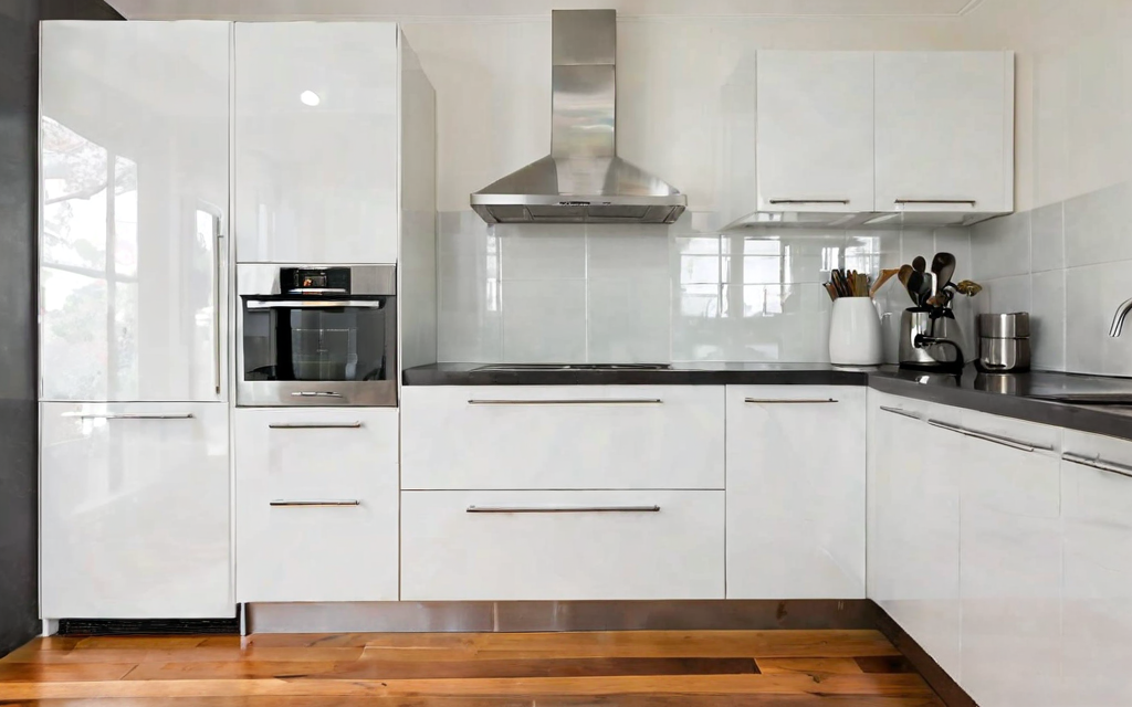 wide kitchen showing white gloss cabinets with T-bar handles