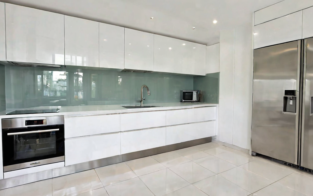 modern galley kitchen with white gloss cabinets and T-bar handles