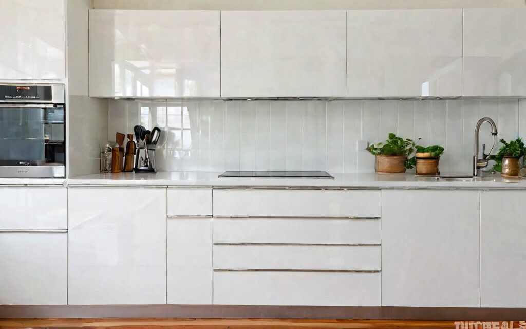 kitchen with white gloss cabinets and T-bar handles, showing drawer runners