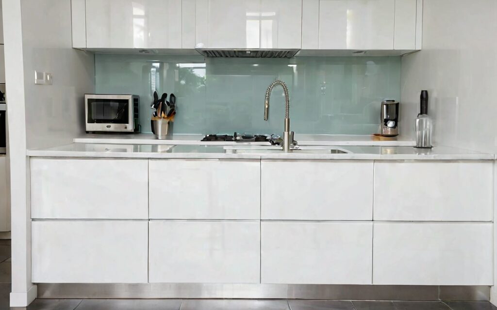 modern galley kitchen with white gloss cabinets and T-bar handles