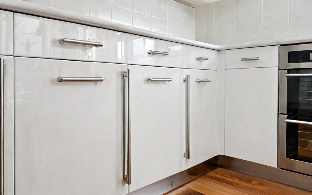 corner base cabinet with soft-close drawers and T-bar handles