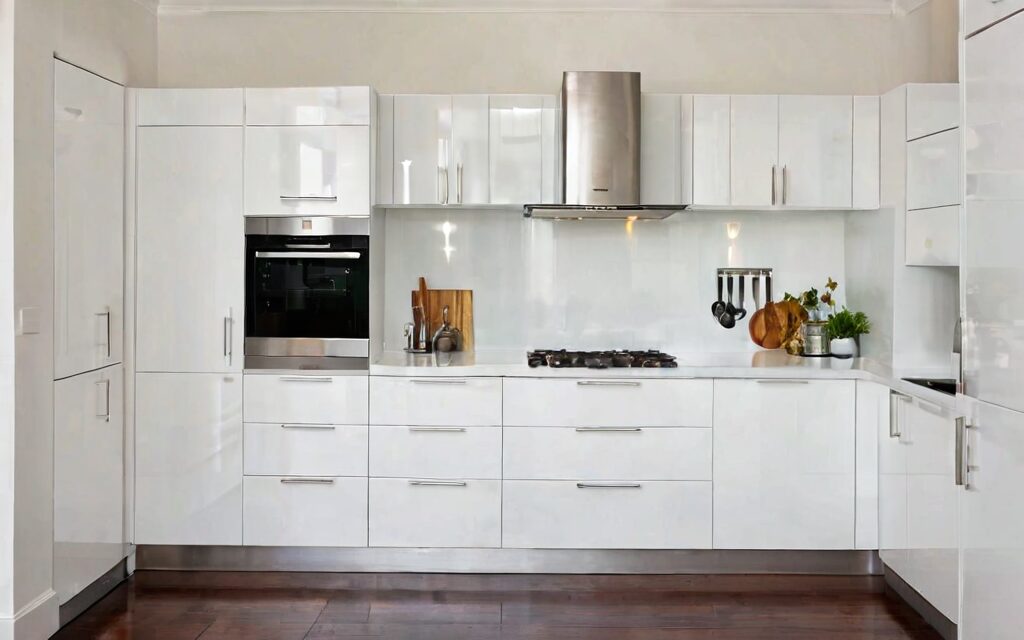 modern galley kitchen with white gloss cabinets and T-bar handles