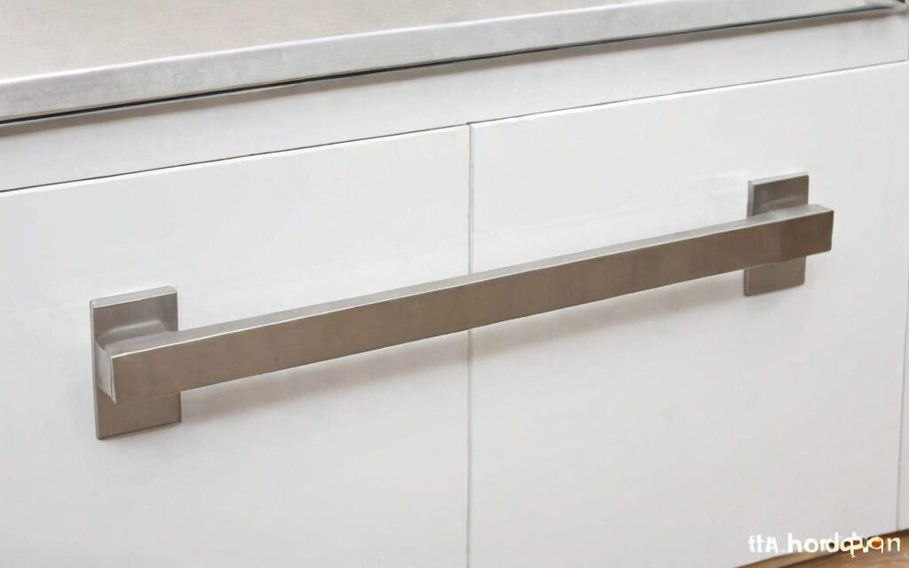 close-up of cabinet with T-bar handle and soft-close drawer